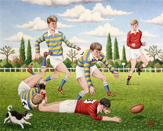 Ron Aris Schoolboys playing rugby, 15.5 x 19.5in.